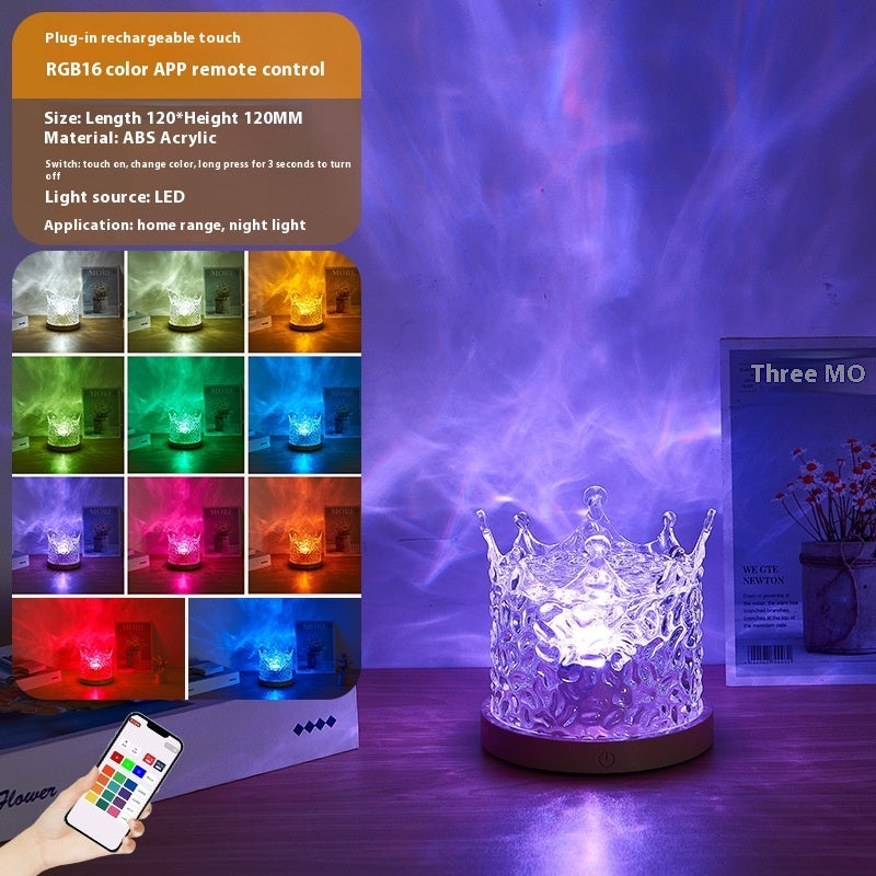 LED Water Ripple Ambient Night Light – USB Rotating Crystal Table Lamp with 16 RGB Colors