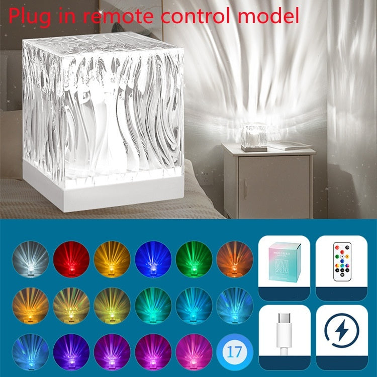 LED Water Ripple Ambient Night Light – USB Rotating Crystal Table Lamp with 16 RGB Colors