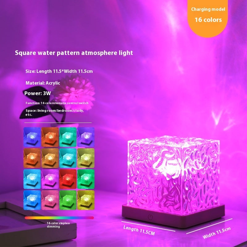 LED Water Ripple Ambient Night Light – USB Rotating Crystal Table Lamp with 16 RGB Colors